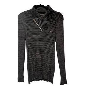 Leif Nelson Cable Knit Sweater Shawl Collar Funnel Neck Gray Techwear Streetwear